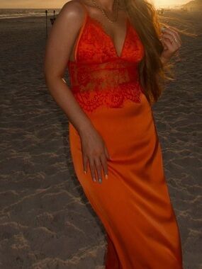 Elegant Orange Lace Satin Slip Dress